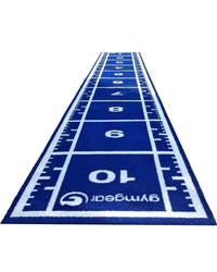Green 10m by 1.5m Gym Gear sprint track with full line markings, designed for athletic training and running practice.