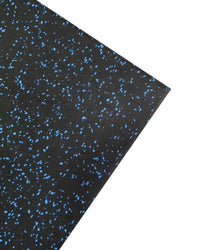 Blue fleck 30mm premium rubber tile for flooring by Gym Gear, showing textured surface and size details.