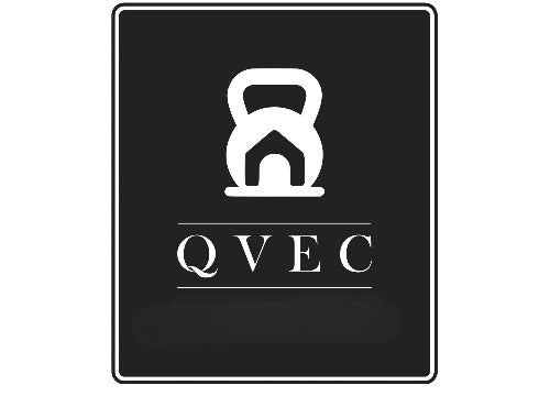 Black square with white kettlebell icon and 'QVEC' text on a white background
