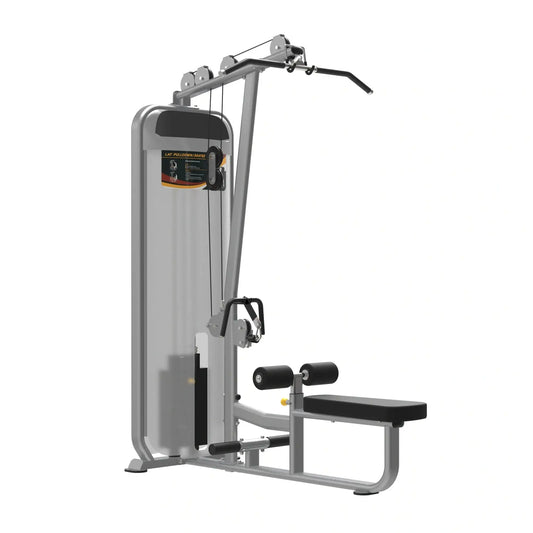 Gym Gear Dual Series pin-loaded lat pulldown and low row machine with adjustable seats and weight stacks for strength training.