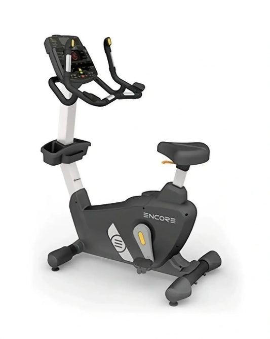 Impulse Health Tech Encore Upright Exercise Bike with adjustable seat and handlebars, digital display, and sturdy frame.