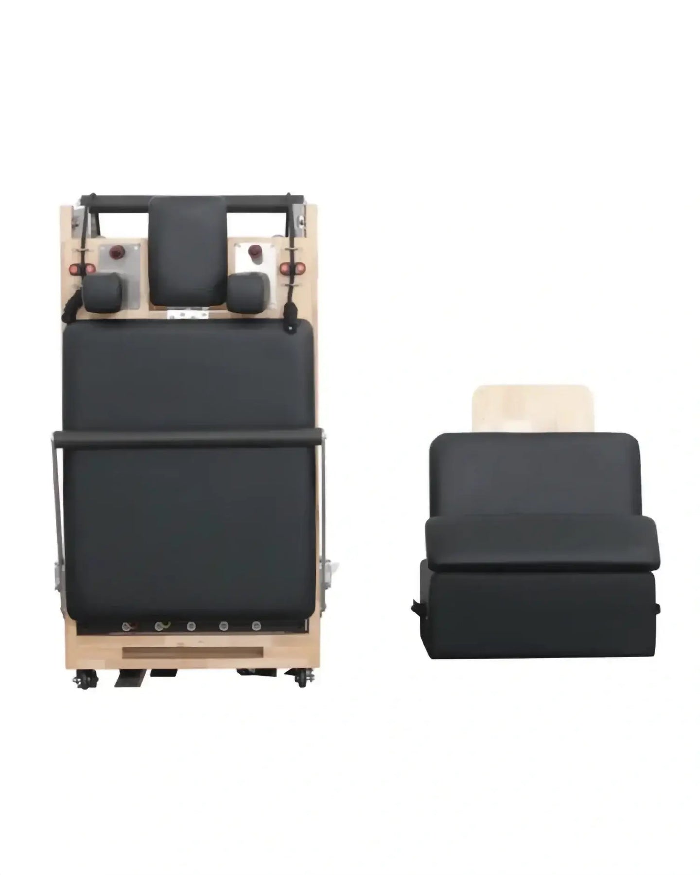 Foldable Oak Reformer by Gym Gear, showing padded carriage, adjustable straps, and sturdy wooden frame for versatile Pilates workouts.