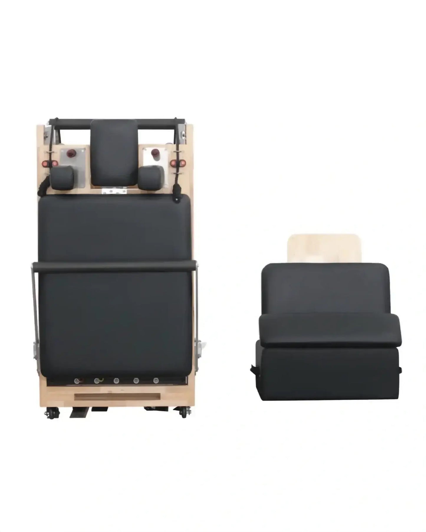 Foldable Oak Reformer by Gym Gear, showing padded carriage, adjustable straps, and sturdy wooden frame for versatile Pilates workouts.