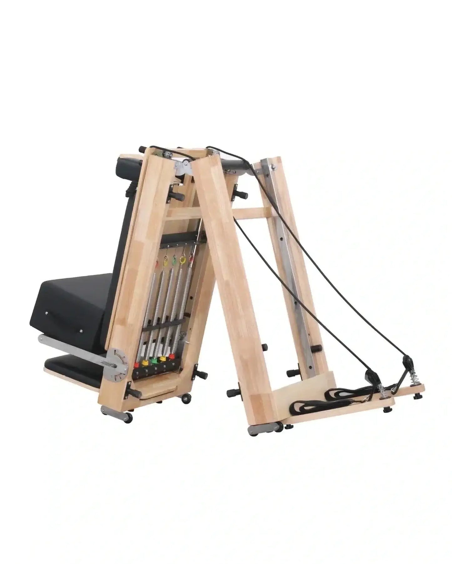 Foldable oak reformer by Gym Gear with padded carriage and adjustable resistance for versatile Pilates workouts.