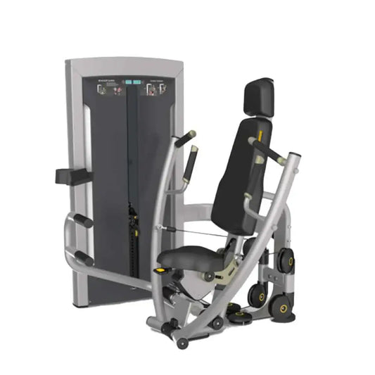 Pin-loaded Fortitide Series Chest Press Machine by Gym Gear, showing the sturdy frame and adjustable weight plates for strength training.