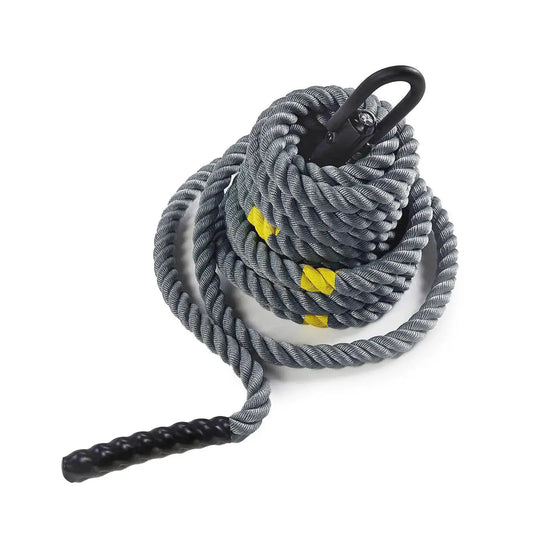 Gym Gear 38mm sled rope with hook and karabiner, 15m long, used for strength training and sled pulling exercises.