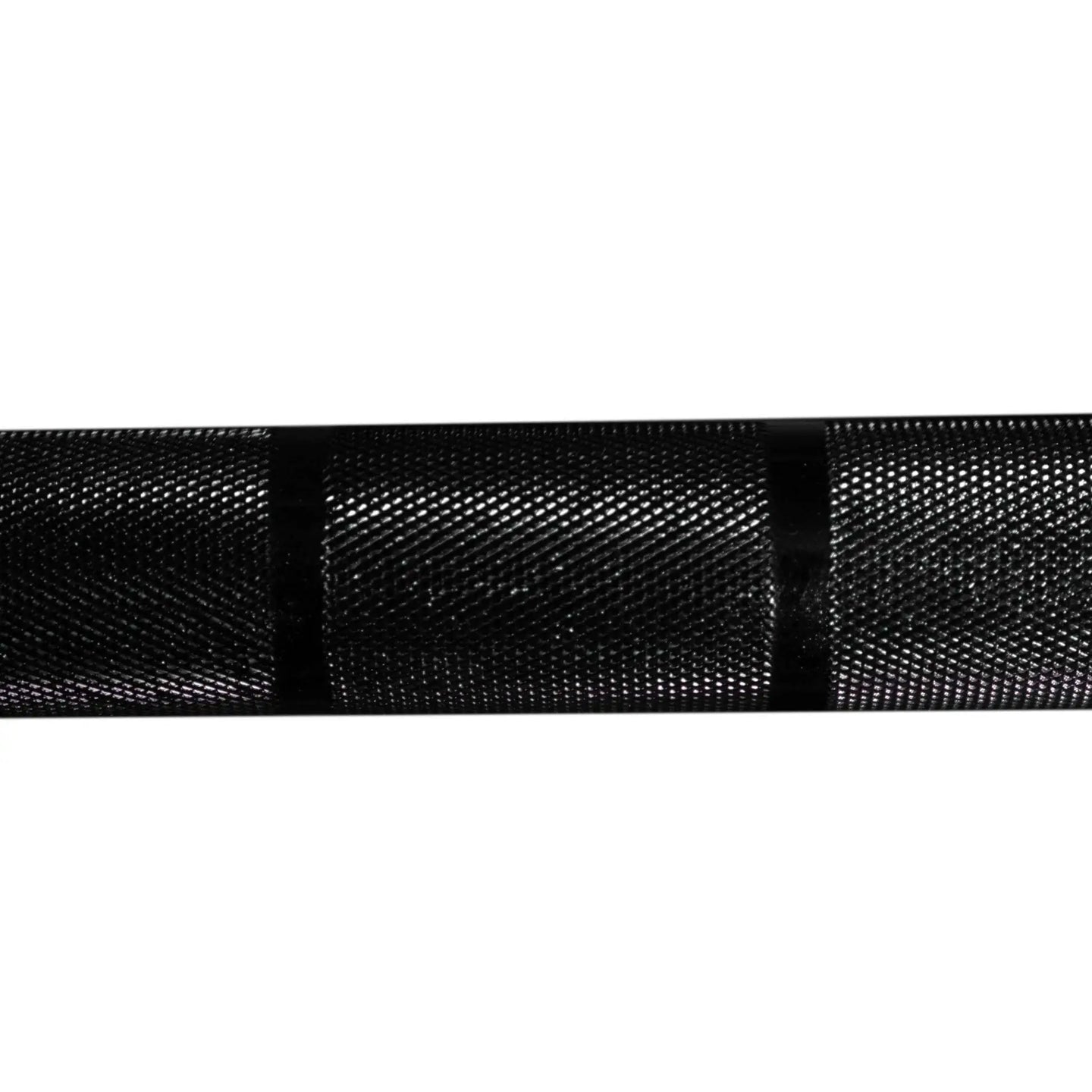 Gym Gear 7ft black Olympic barbell with textured grips, used for weightlifting and strength training workouts.