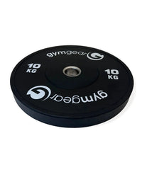 Black Gym Gear bumper weight plate, 10kg side view, durable rubber construction for weightlifting and strength training.
