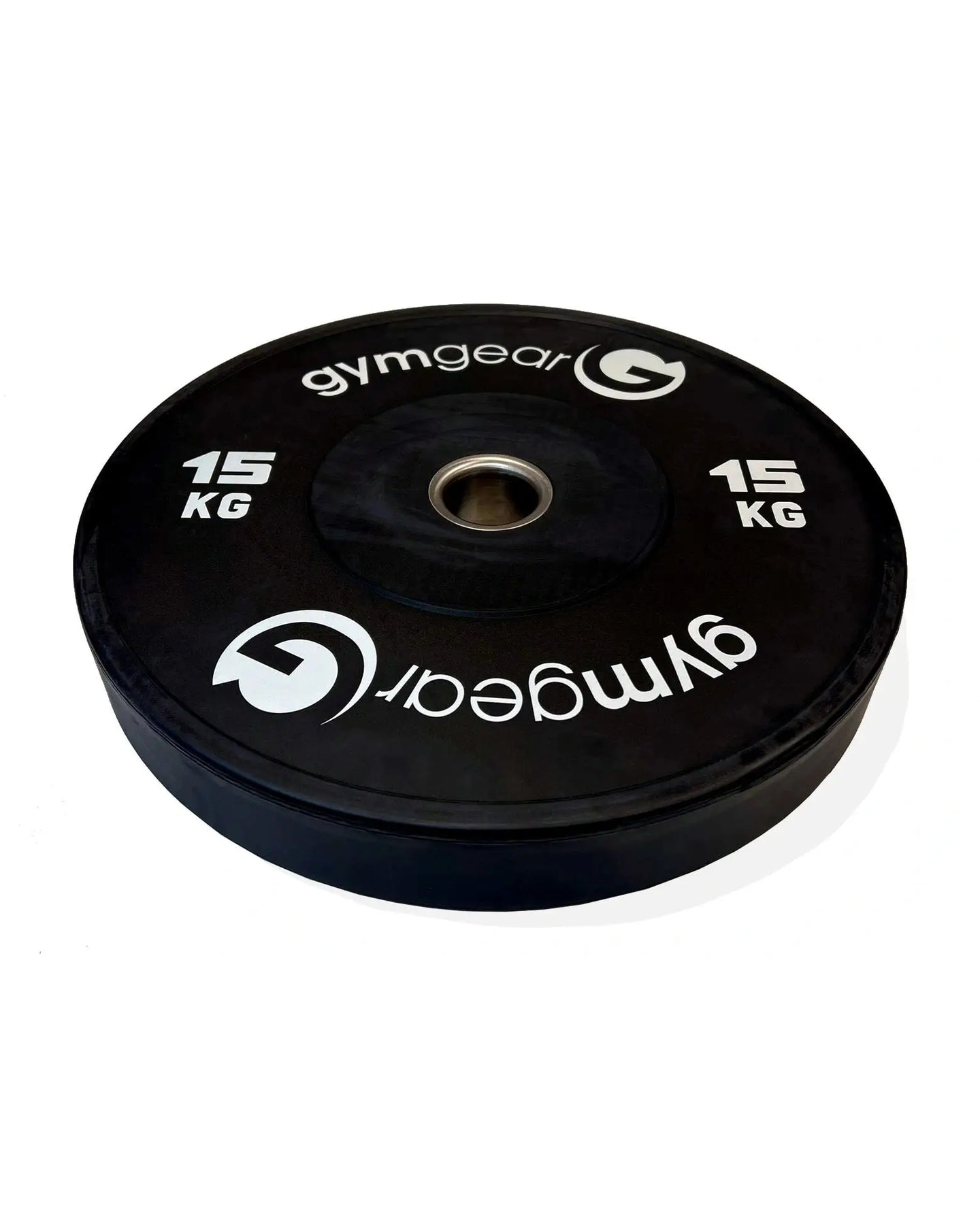 Black Gym Gear bumper weight plate, 15kg, side view showing durable rubber coating and weight markings for gym weight lifting.