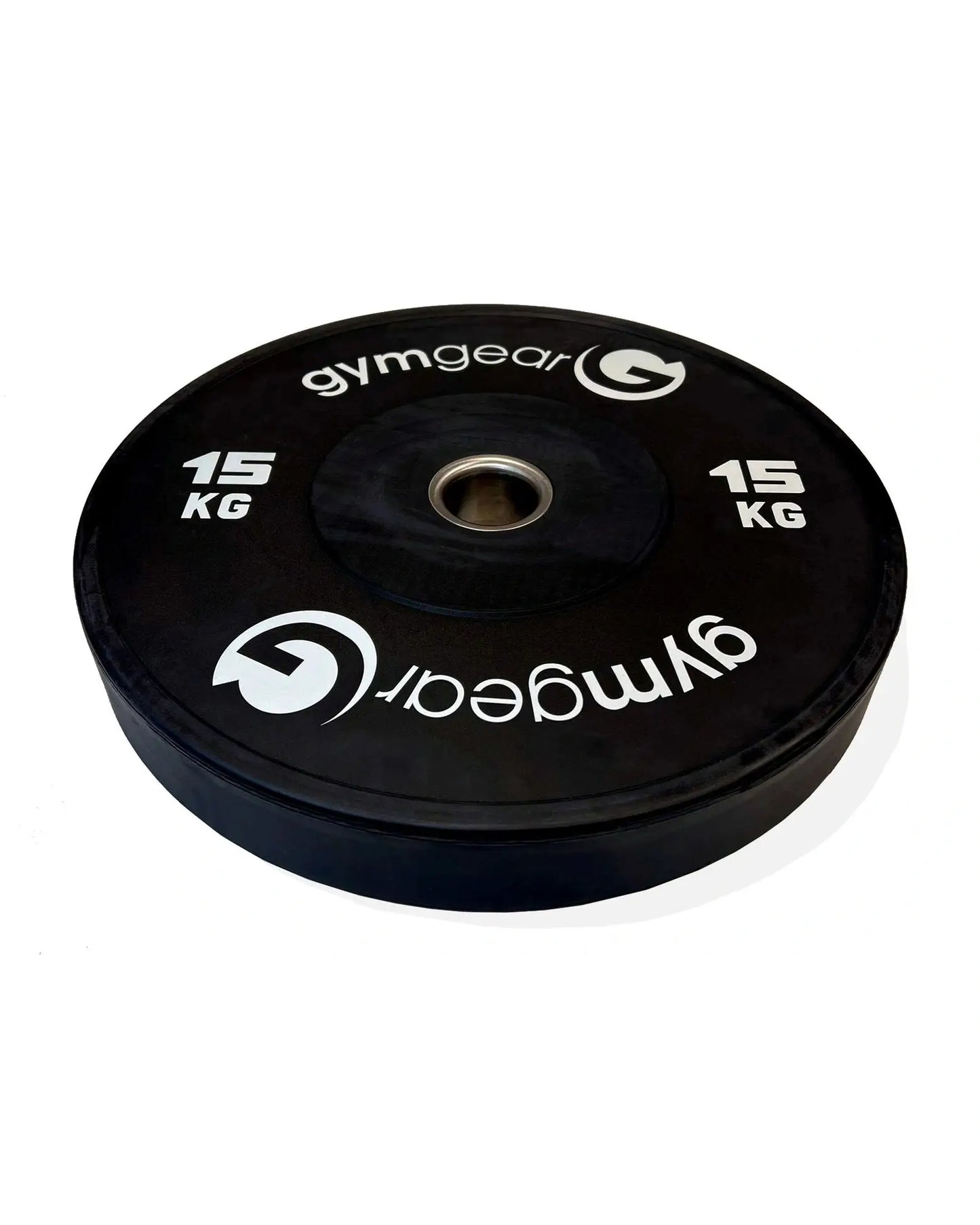 Black Gym Gear bumper weight plate, 15kg, side view showing durable rubber coating and weight markings for gym weight lifting.