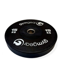Black Gym Gear bumper weight plate, 15kg, side view showing durable rubber coating and weight markings for gym weight lifting.