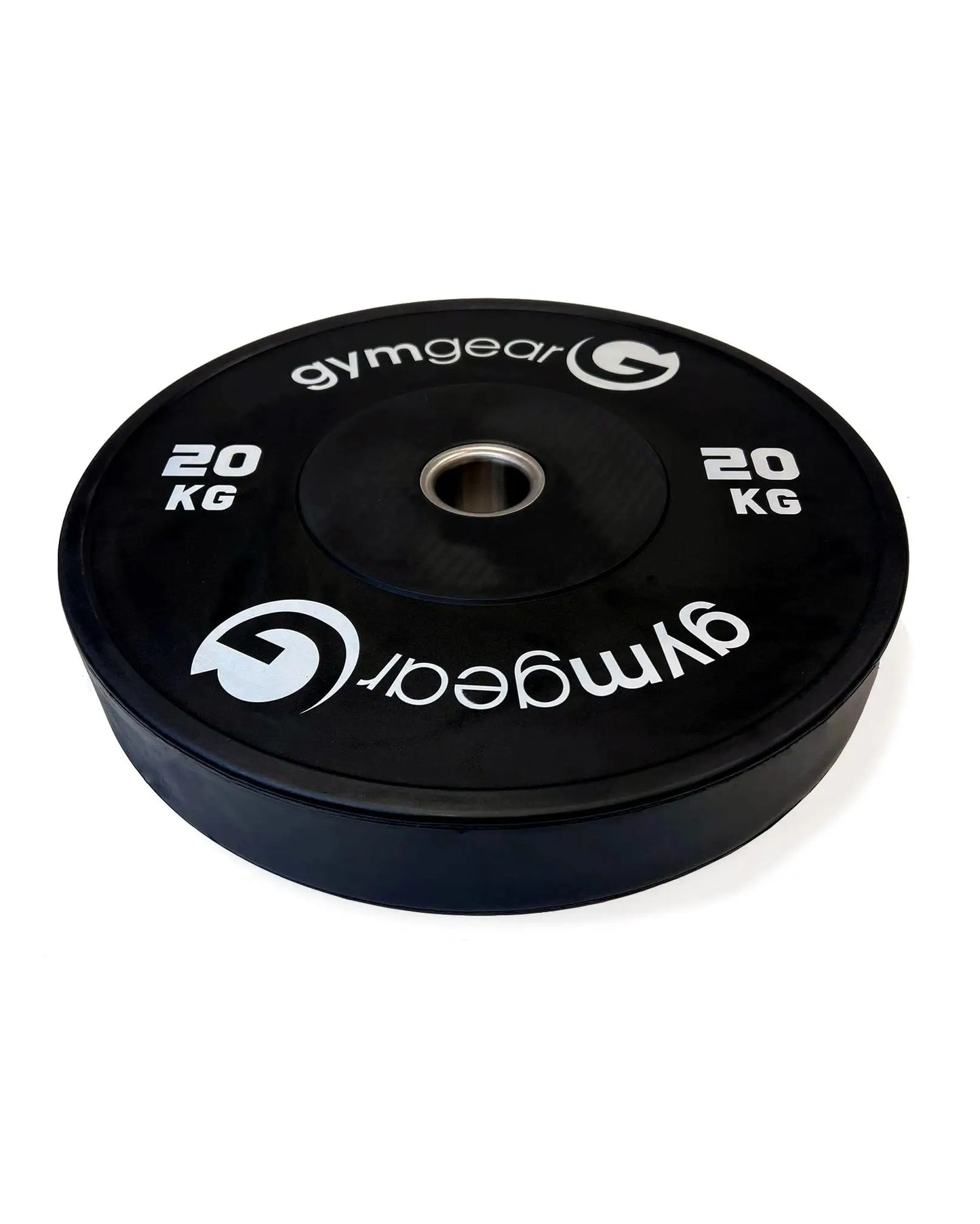 Black Gym Gear bumper weight plate, 20kg, side view showing durable rubber surface and weight markings for strength training.