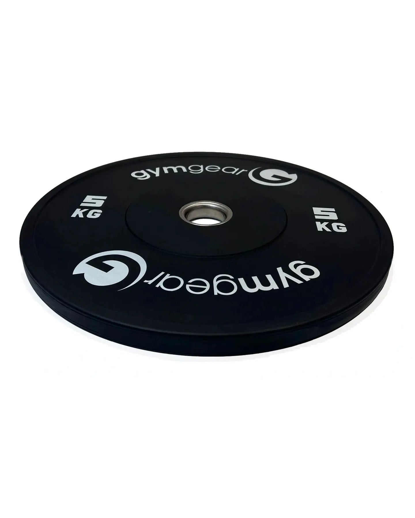 Black Gym Gear 5kg bumper weight plate shown from side view, designed for weightlifting and strength training exercises.