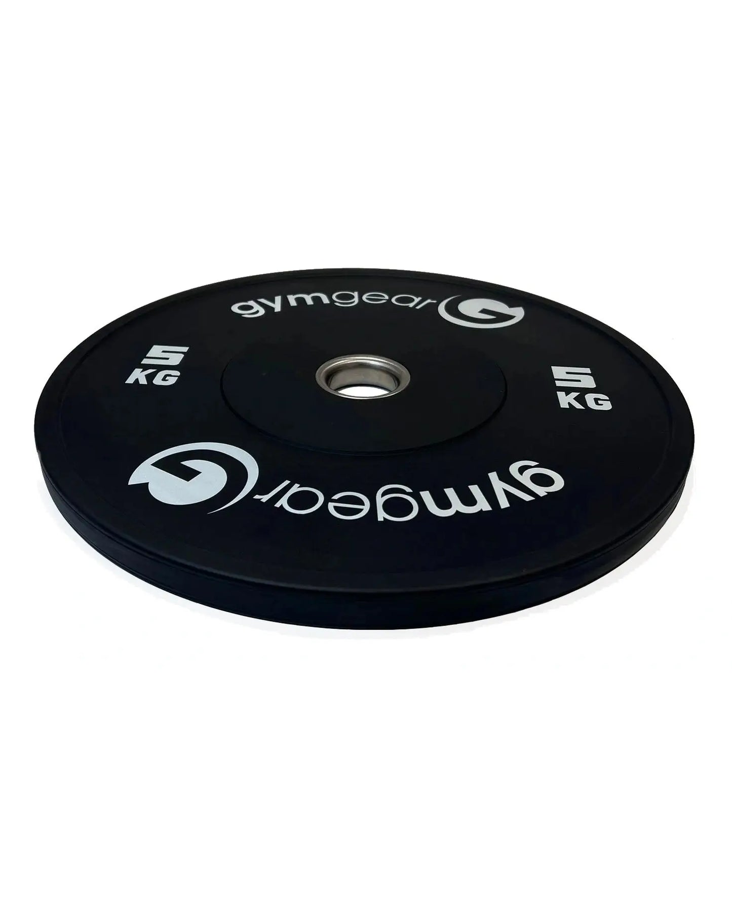 Black Gym Gear 5kg bumper weight plate shown from side view, designed for weightlifting and strength training exercises.