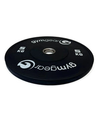 Black Gym Gear 5kg bumper weight plate shown from side view, designed for weightlifting and strength training exercises.