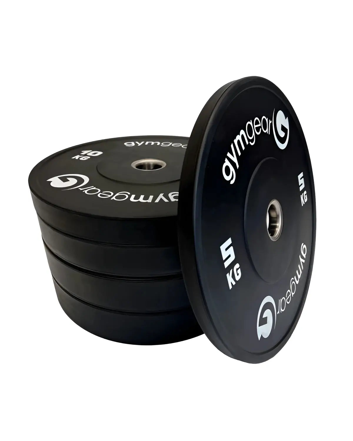 Set of black Gym Gear bumper plates for weightlifting, durable rubber weight plates for gym workouts.