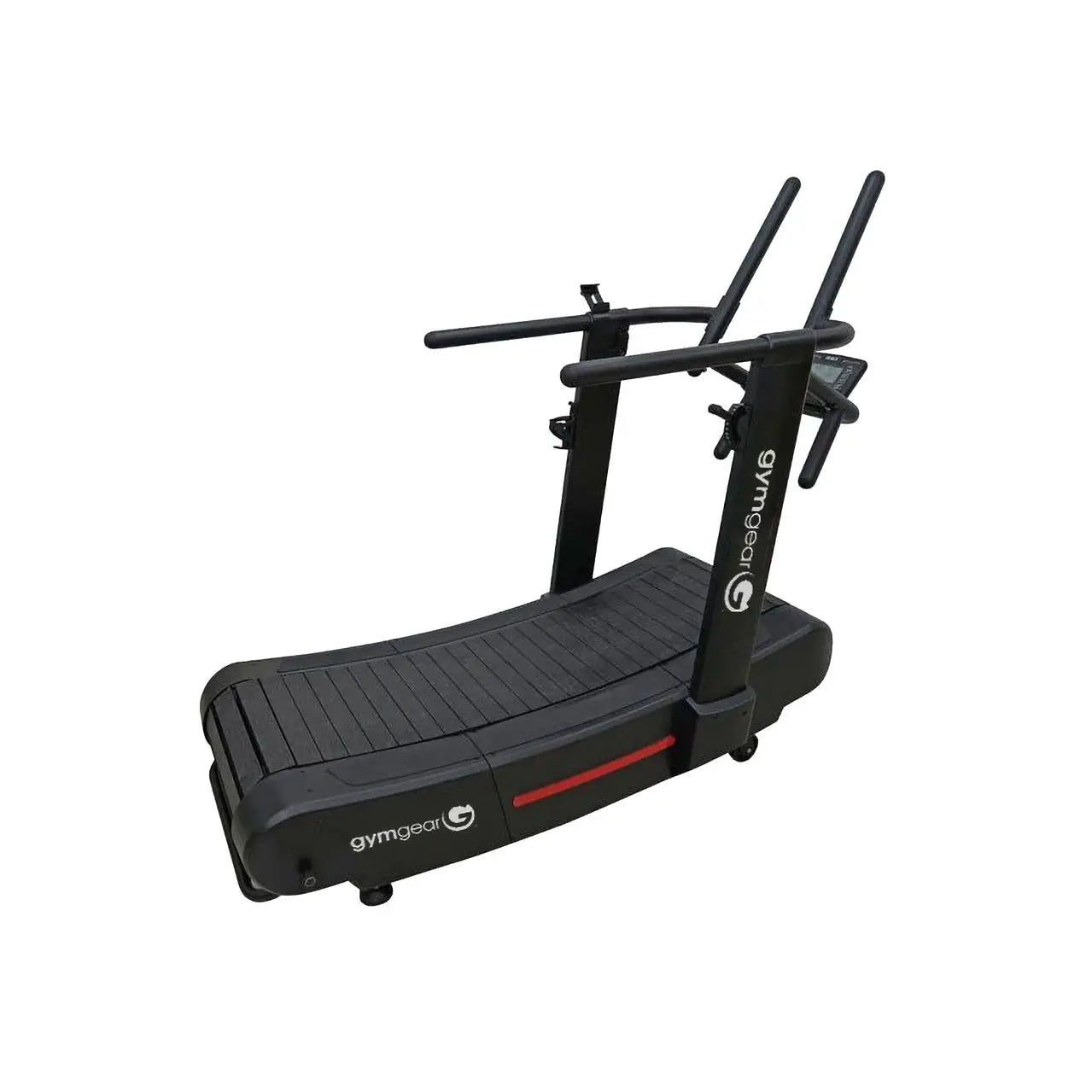 Gym Gear Curve 2.0 PLUS treadmill with digital display and running belt, shown in a well-lit home gym setting.