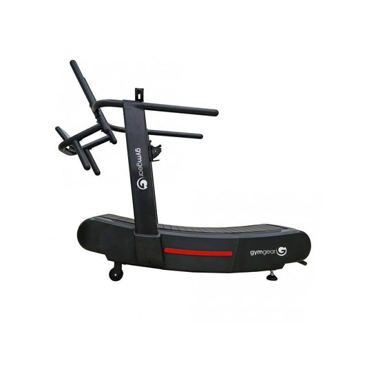 Gym Gear Curve 2.0 PLUS treadmill with digital display and running belt, designed for cardio workouts and home fitness.