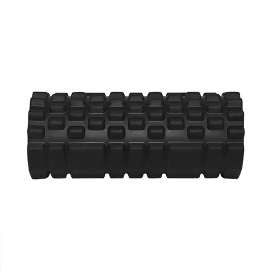 Black Gym Gear deep tissue foam roller with textured surface, designed for muscle recovery and massage therapy.