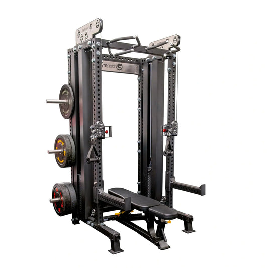 Gym Gear Elite Series DAP Half Rack Combo, pin-loaded strength training equipment with multiple storage options and sturdy construction.