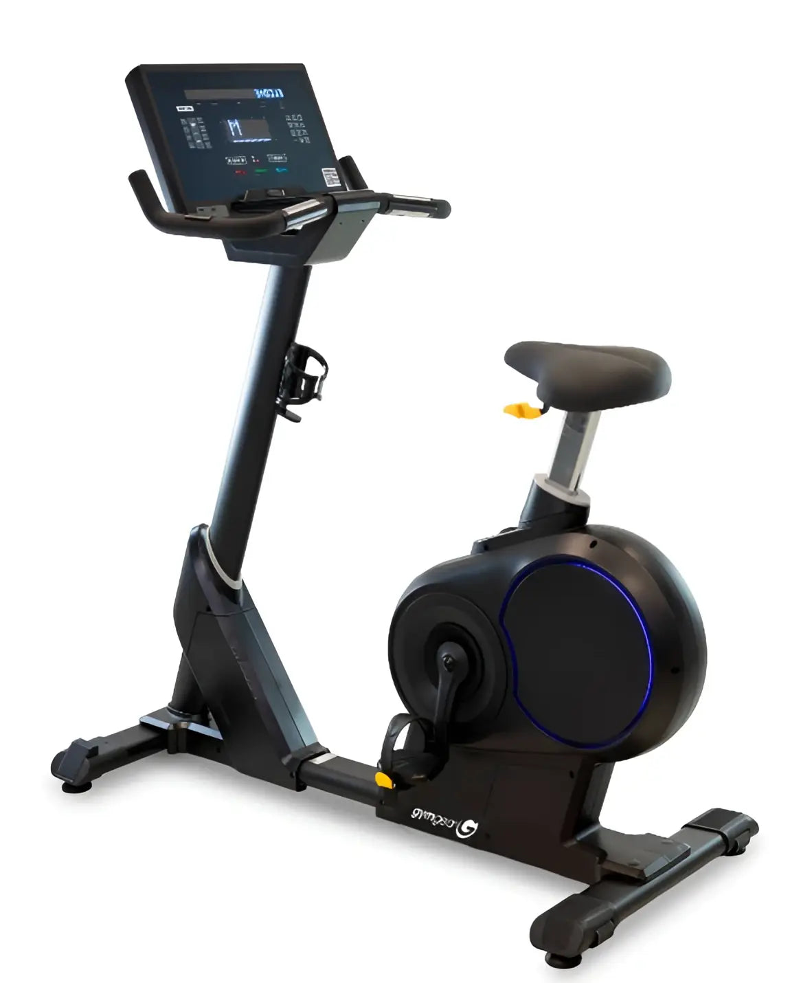 Black gym gear endurance upright bike with digital display and blue accent lighting built for home use