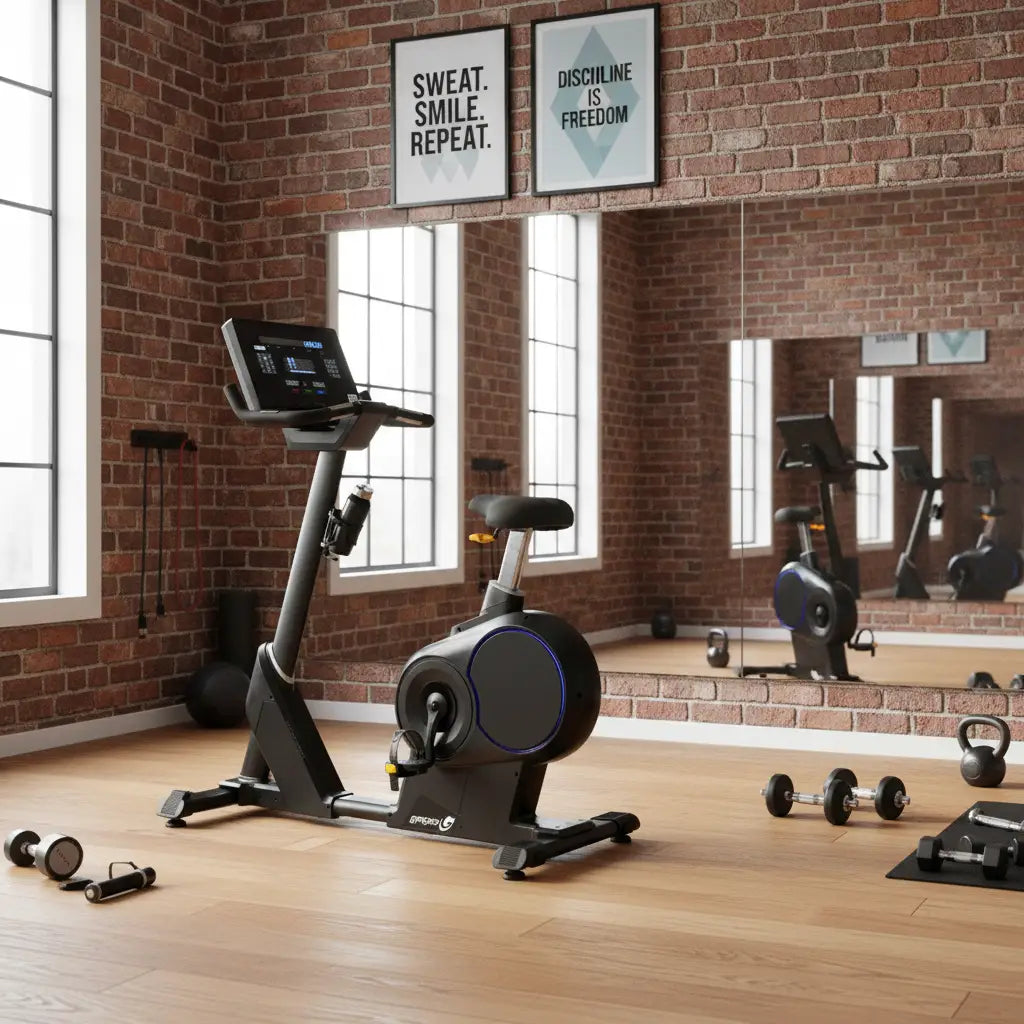 Exercise bike with digital display on a white background