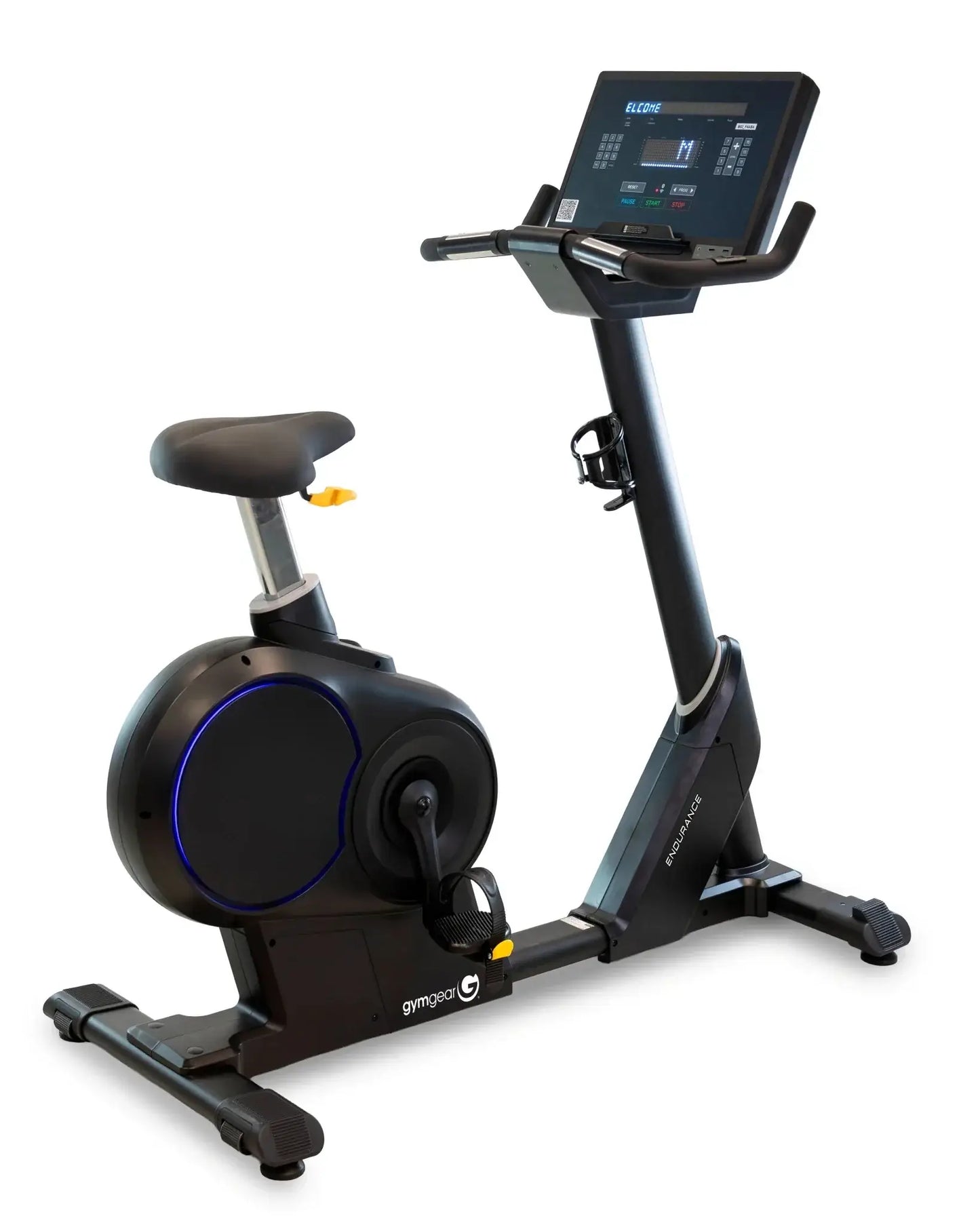 Exercise bike with digital display on a white background