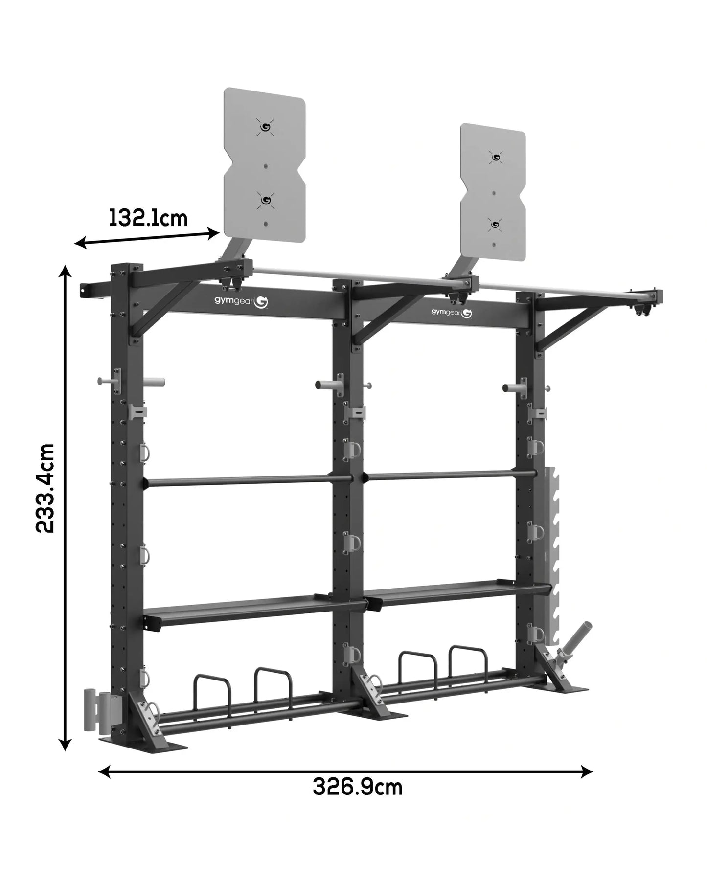 Gym Gear Functional Storage Solutions wall-mounted double storage unit for gym organization and equipment storage.