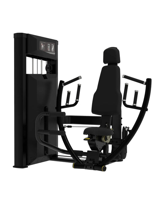 Gym Gear Platinum Series pin-loaded chest press machine with padded seat and adjustable handles for strength training.