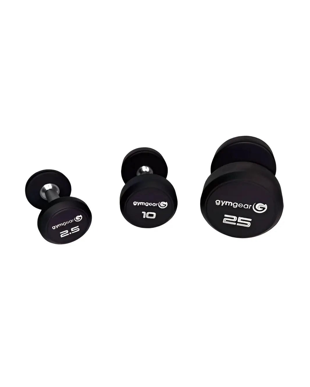 Gym Gear Pro rubber dumbbells with textured handles and colorful ends, displayed on a gym floor.