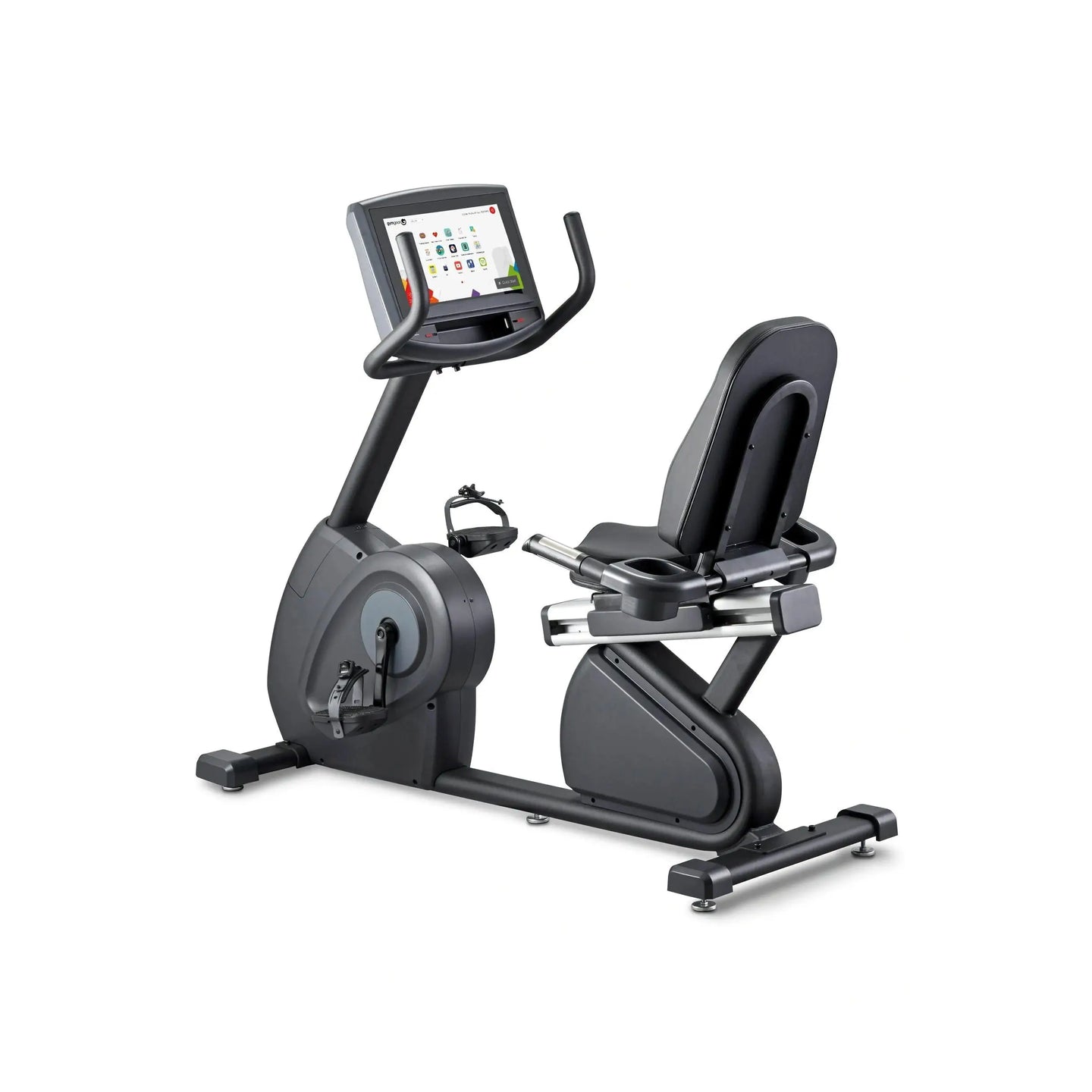 Gym Gear R98e recumbent bike showing adjustable seat, digital display, and sturdy frame for comfortable indoor cycling workouts.