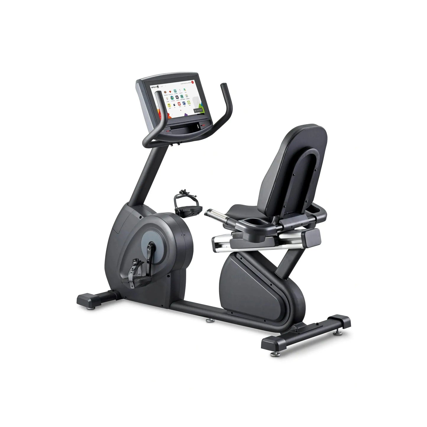 Gym Gear R98e recumbent bike showing adjustable seat, digital display, and sturdy frame for comfortable indoor cycling workouts.