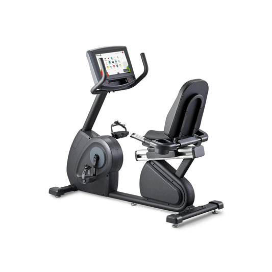 Gym Gear R98e recumbent bike showing adjustable seat, digital display, and sturdy frame for comfortable indoor cycling workouts.
