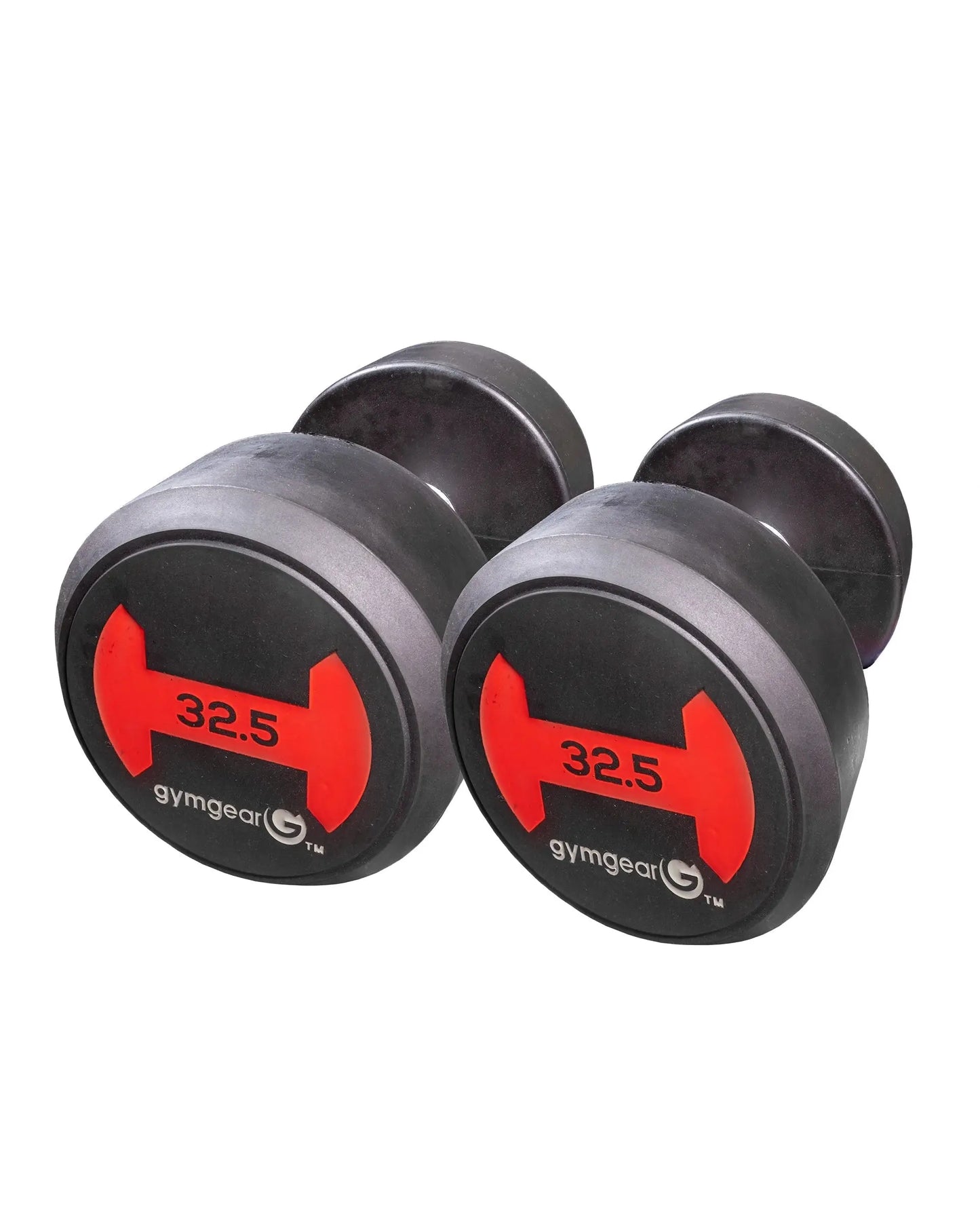 Pair of Gym Gear rubber dumbbells with red end caps, 32.5kg weight, suitable for strength training and fitness workouts.