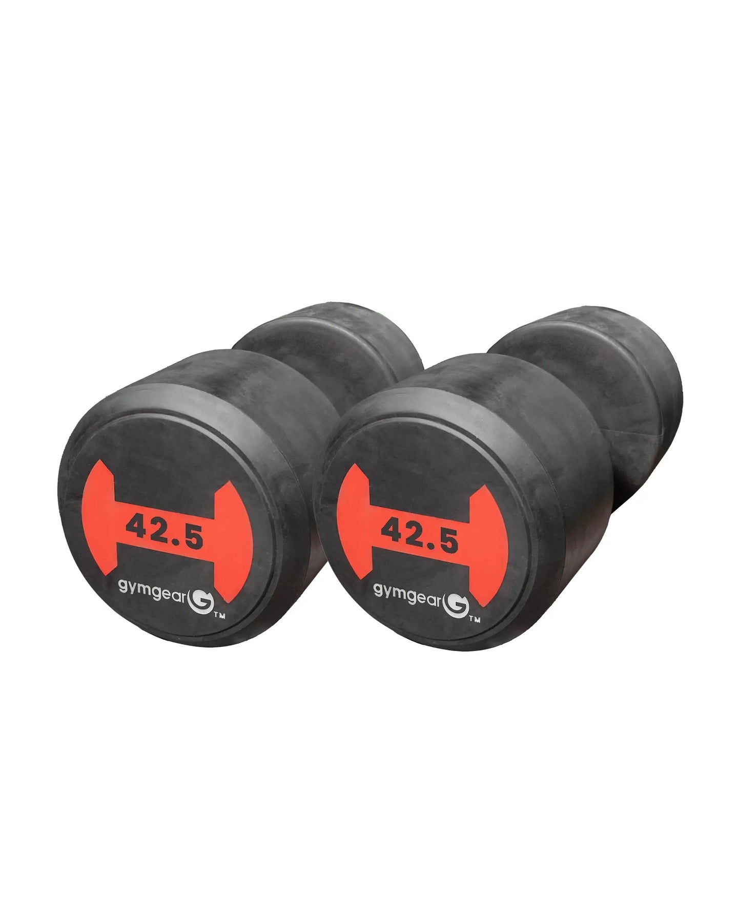Pair of Gym Gear rubber dumbbells with red end caps, each weighing 42.5kg, designed for strength training and fitness workouts.