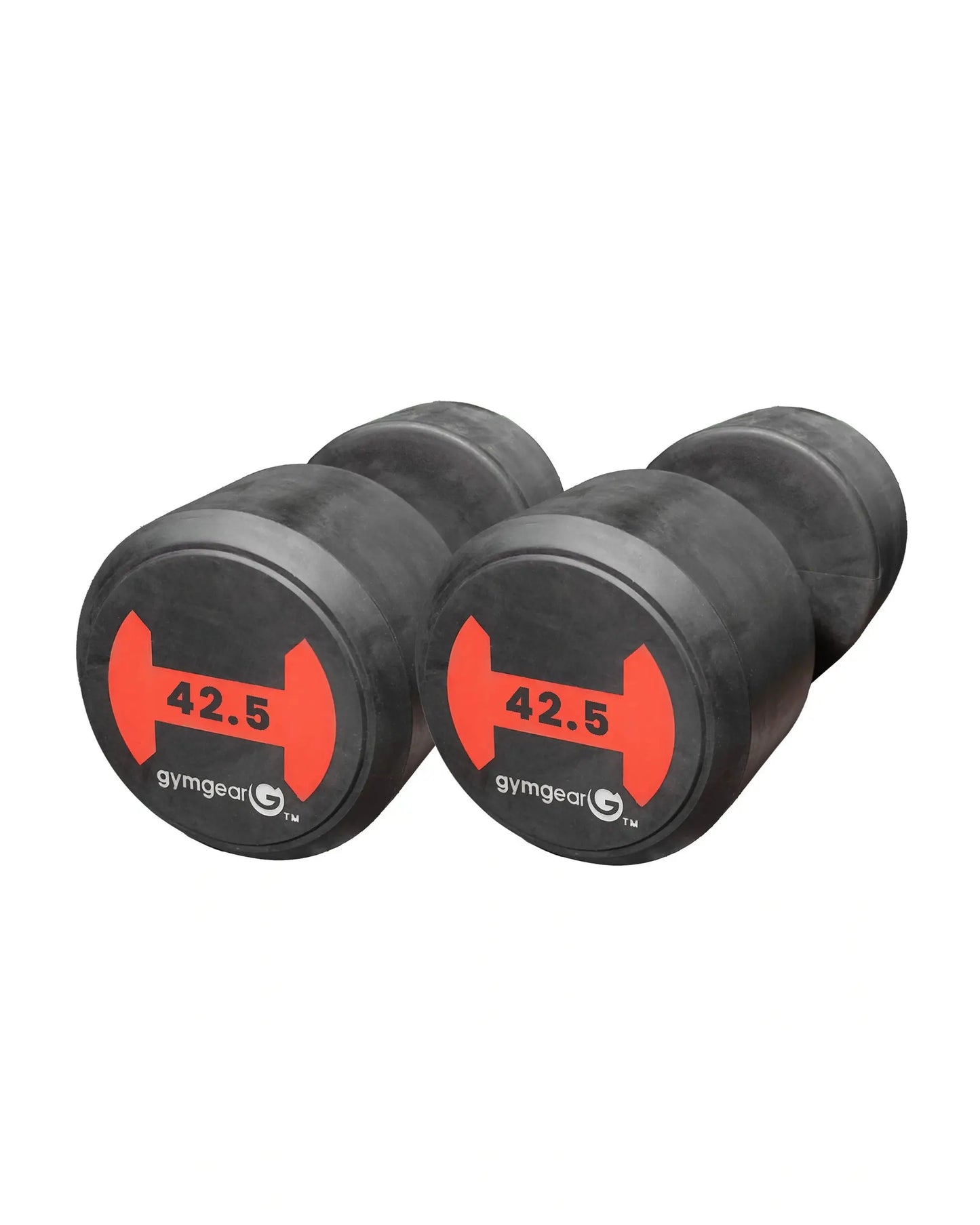 Pair of Gym Gear rubber dumbbells with red end caps, each weighing 42.5kg, designed for strength training and fitness workouts.