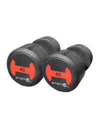 Pair of Gym Gear rubber dumbbells with red end caps, 45kg each, featuring textured grips for secure handling.
