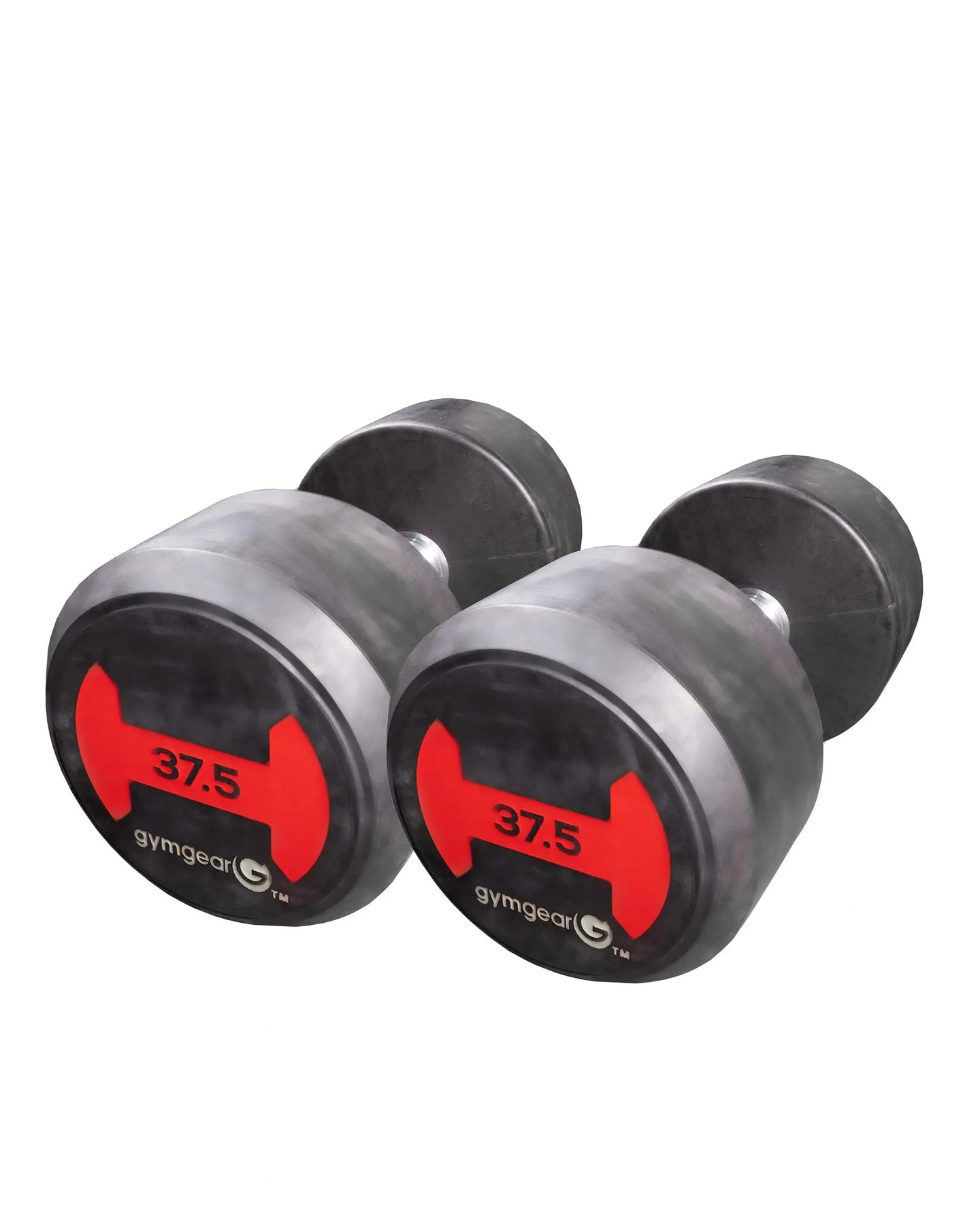 Pair of Gym Gear rubber dumbbells with red ends, 37.5kg weight, showing the textured grip and durable rubber coating.