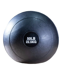 Gym Gear Slam Ball weighing 22.5kg (50lb) for strength training, shown in a gym setting with textured surface and handles.
