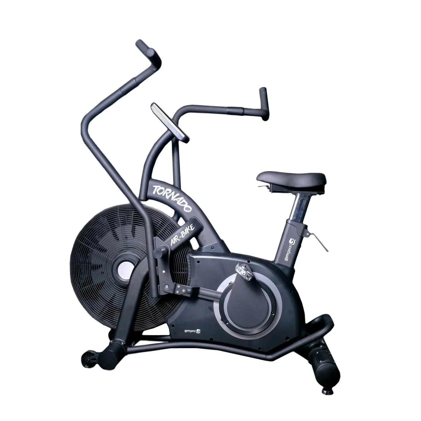 Gym Gear Tornado Airbike Black Edition upright exercise bike with a sleek black frame and adjustable seat for indoor workouts.