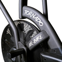 Gym Gear Tornado Airbike Black Edition upright exercise bike with adjustable seat and handlebars, digital display, and sturdy frame.