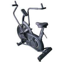 Gym Gear Tornado Airbike Black Edition, upright exercise bike with black frame and adjustable seat, designed for cardio workouts.