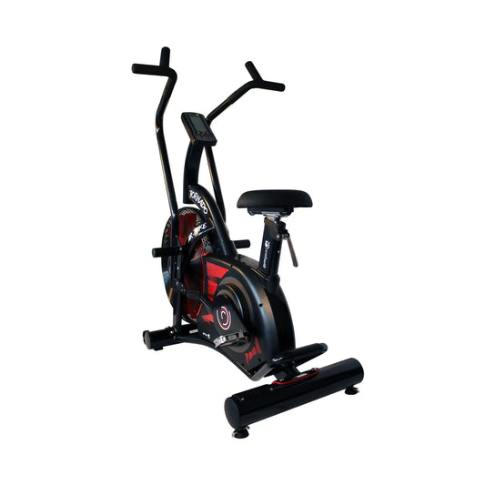 Gym Gear Tornado Airbike for exercise, featuring a sturdy frame, adjustable seat, and digital display for cardio workouts.
