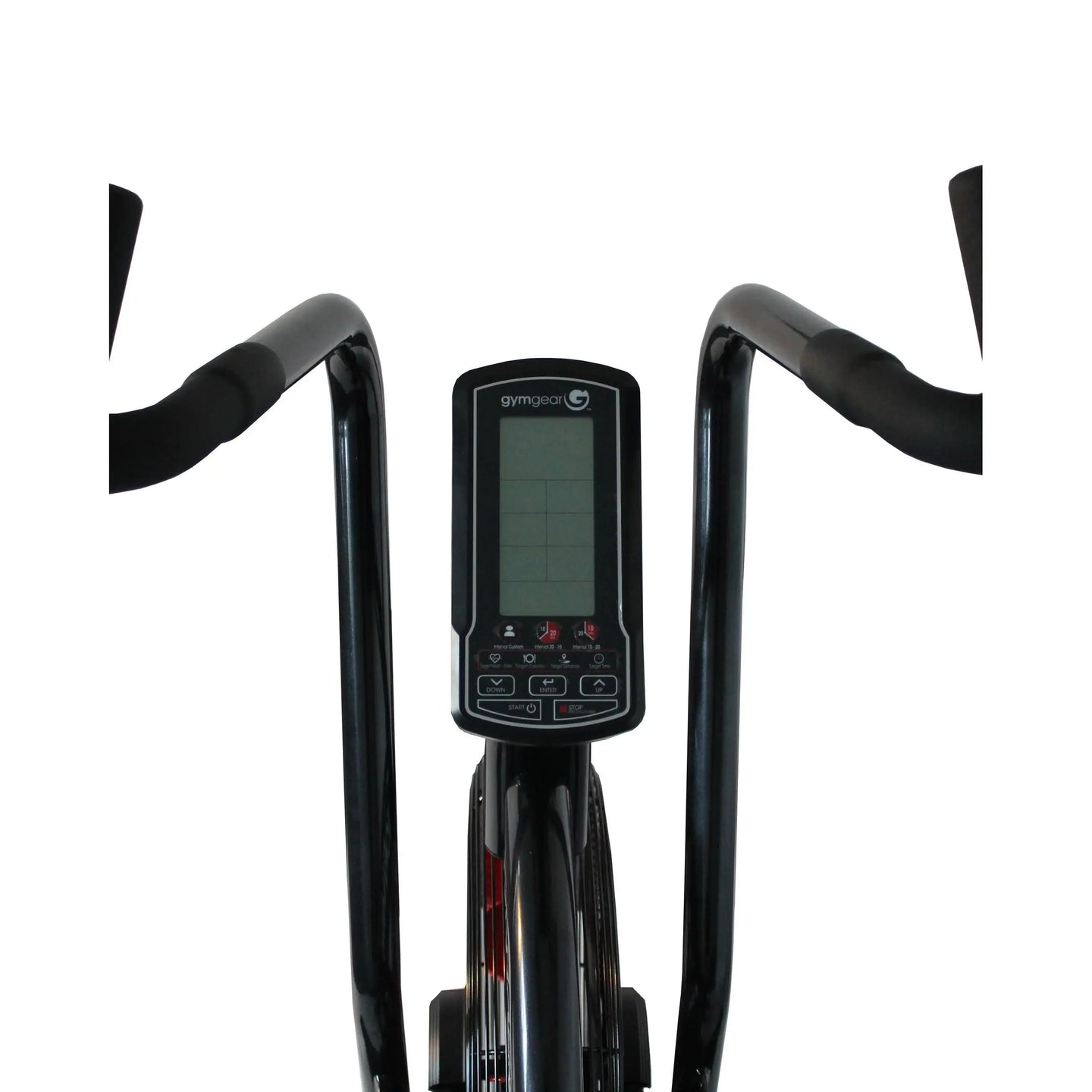 Gym Gear Tornado Airbike exercise bike with adjustable seat and handlebar, featuring a digital display for indoor cardio workouts.
