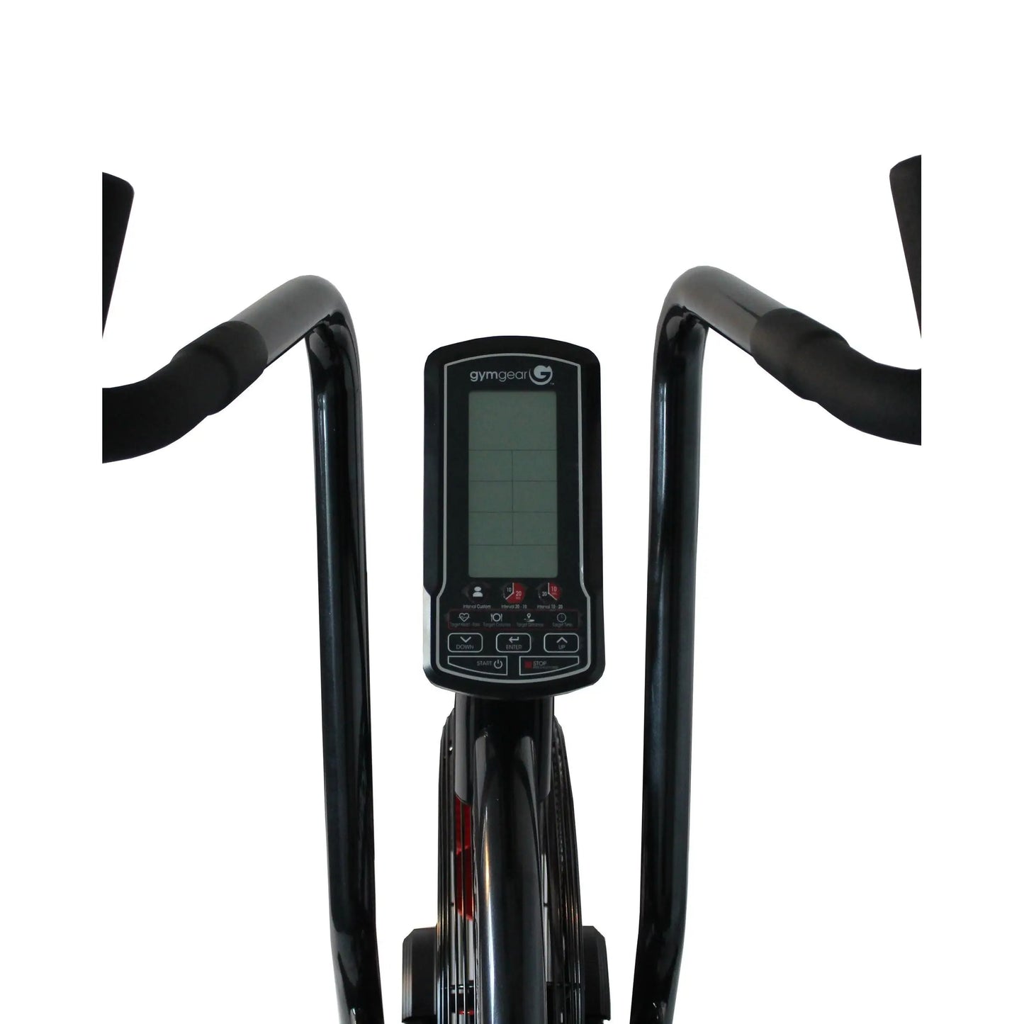 Gym Gear Tornado Airbike exercise bike with adjustable seat and handlebar, featuring a digital display for indoor cardio workouts.