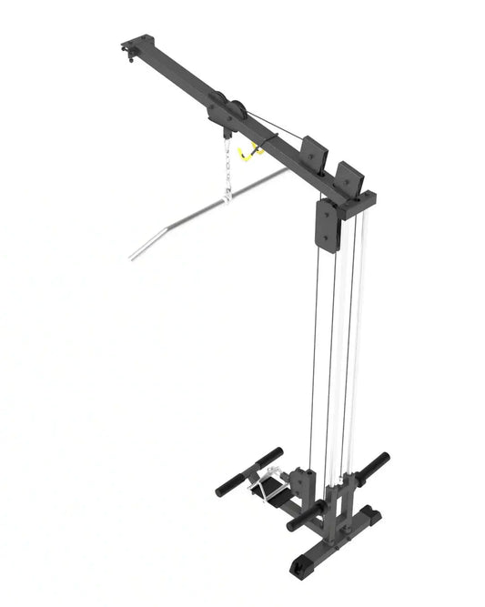 Pro series plate loaded black metal lat pulldown and seated row attachment with adjustable height and weight plates