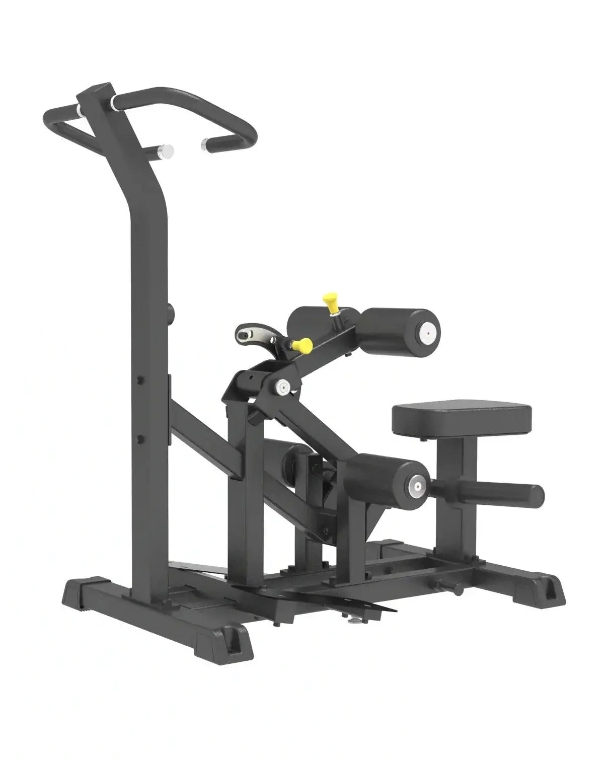 Pro Series Plate Loaded vertical hip thrust machine with black metal frame, yellow adjustment knobs, and padded seat