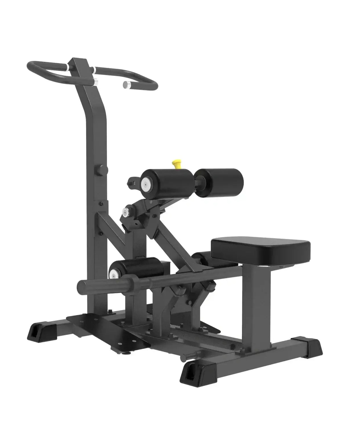 Black metal pro series plate loaded vertical hip thrust machine with adjustable rollers and padded seat shown from the back side