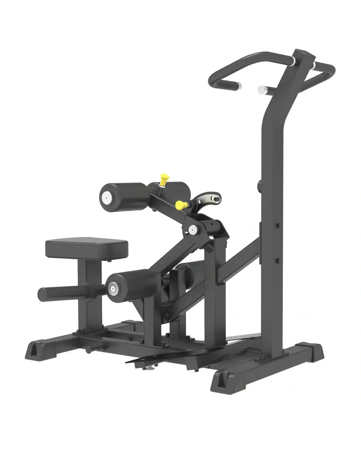 Pro Series Plate Loaded Vertical Hip Thrust gym machine in black metal and plastic with yellow adjustment knobs