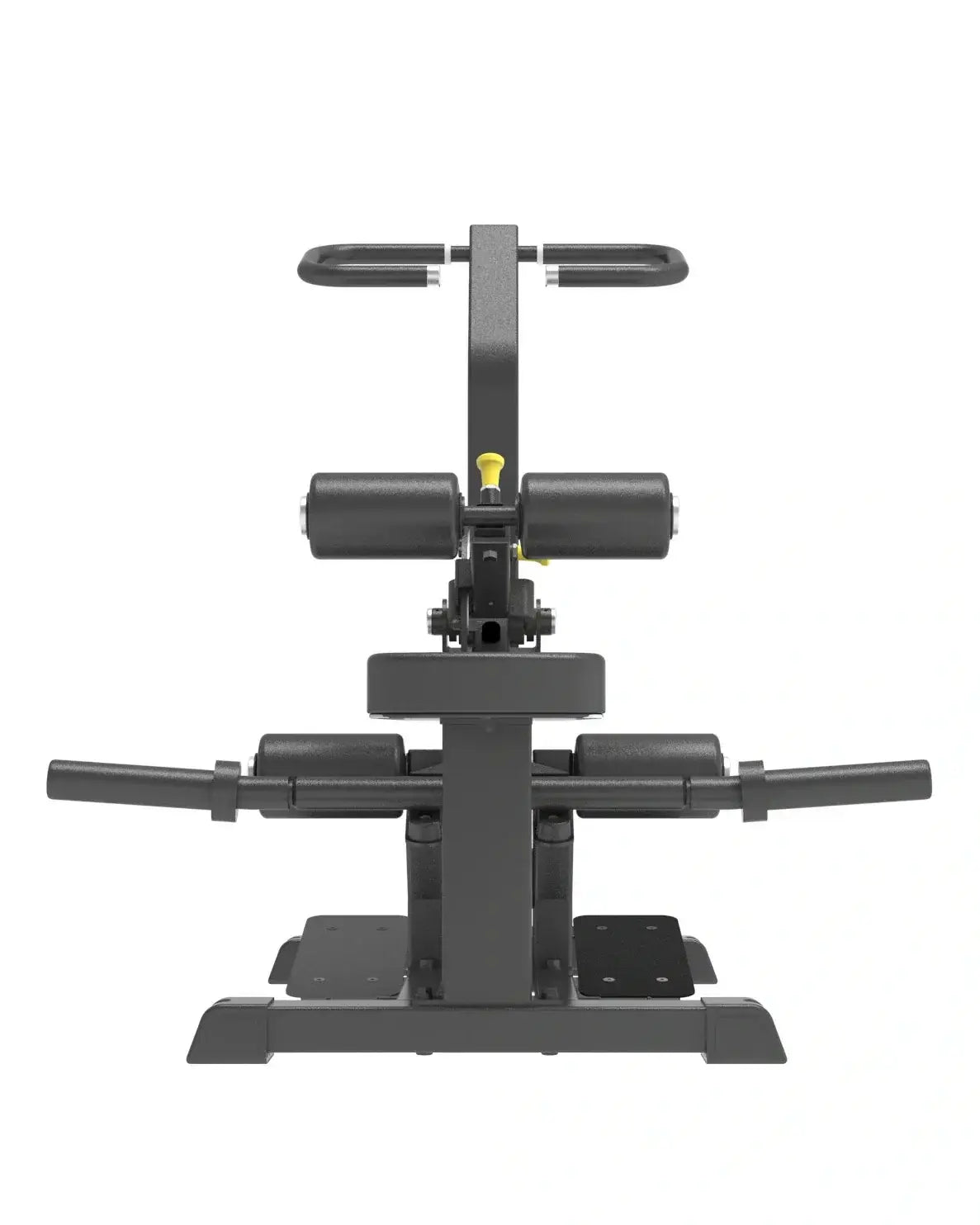 Pro series plate loaded vertical hip thrust gym machine with black metal and rubber frame and yellow adjustment knob